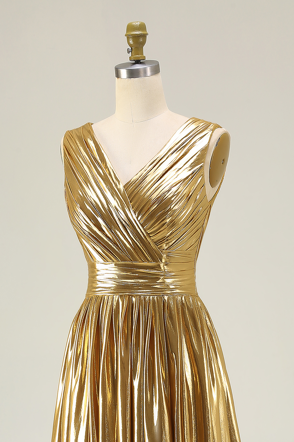 Metallic Gold Ruched V-Neck A-Line Long Formal Dress with Slit