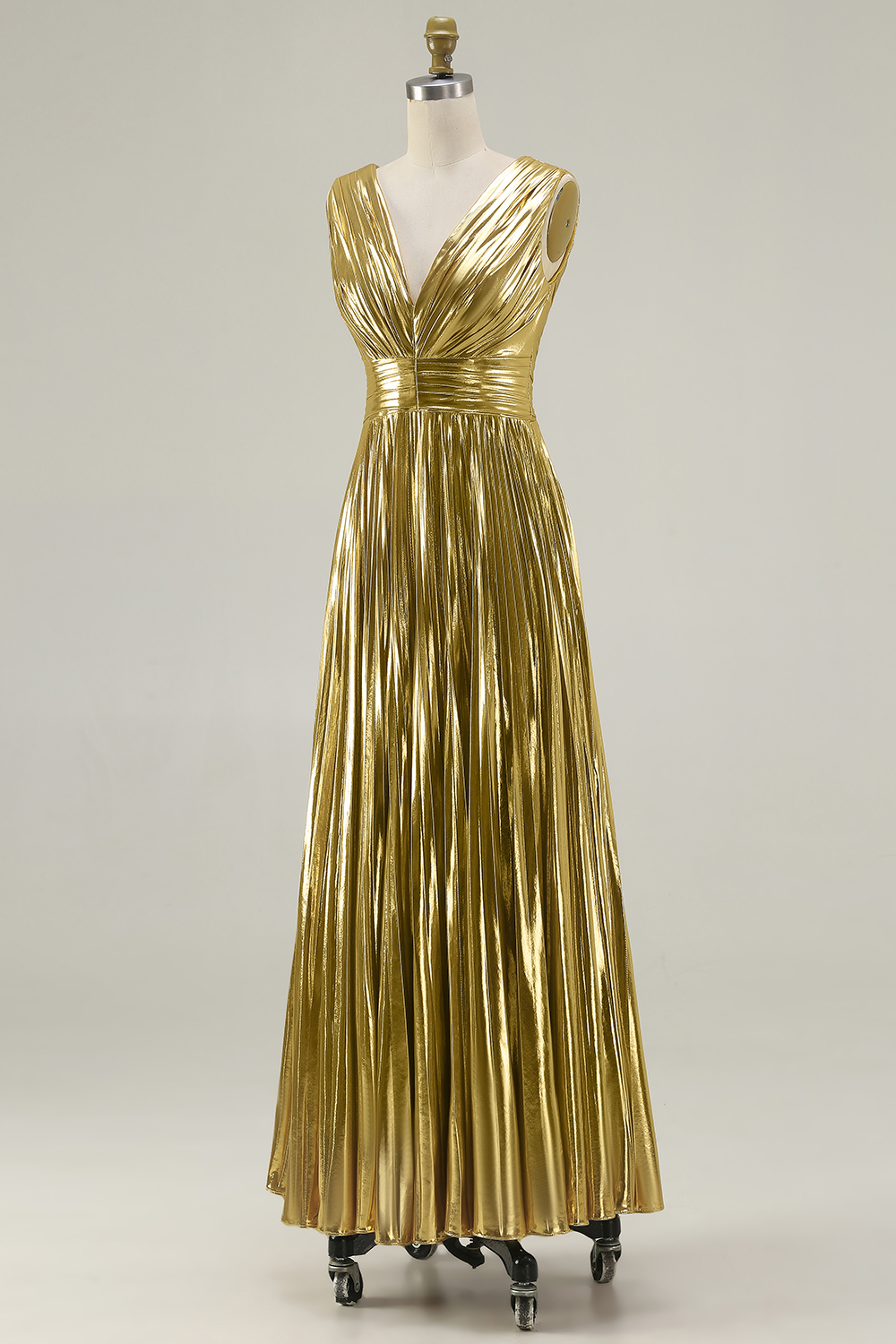 Metallic Gold A-Line Pleated V-Neck Long Formal Dress