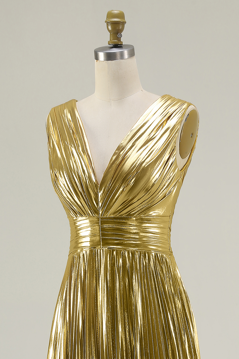 Metallic Gold A-Line Pleated V-Neck Long Formal Dress