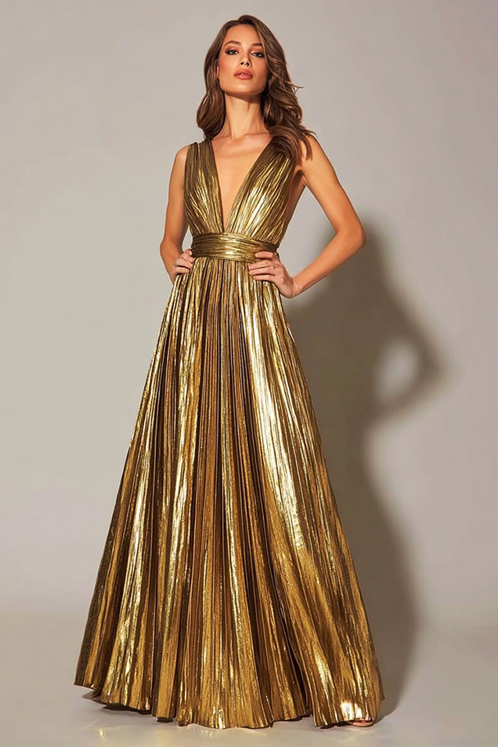 Sparkly Gold Pleated A-Line V-Neck Metallic Long Formal Dress