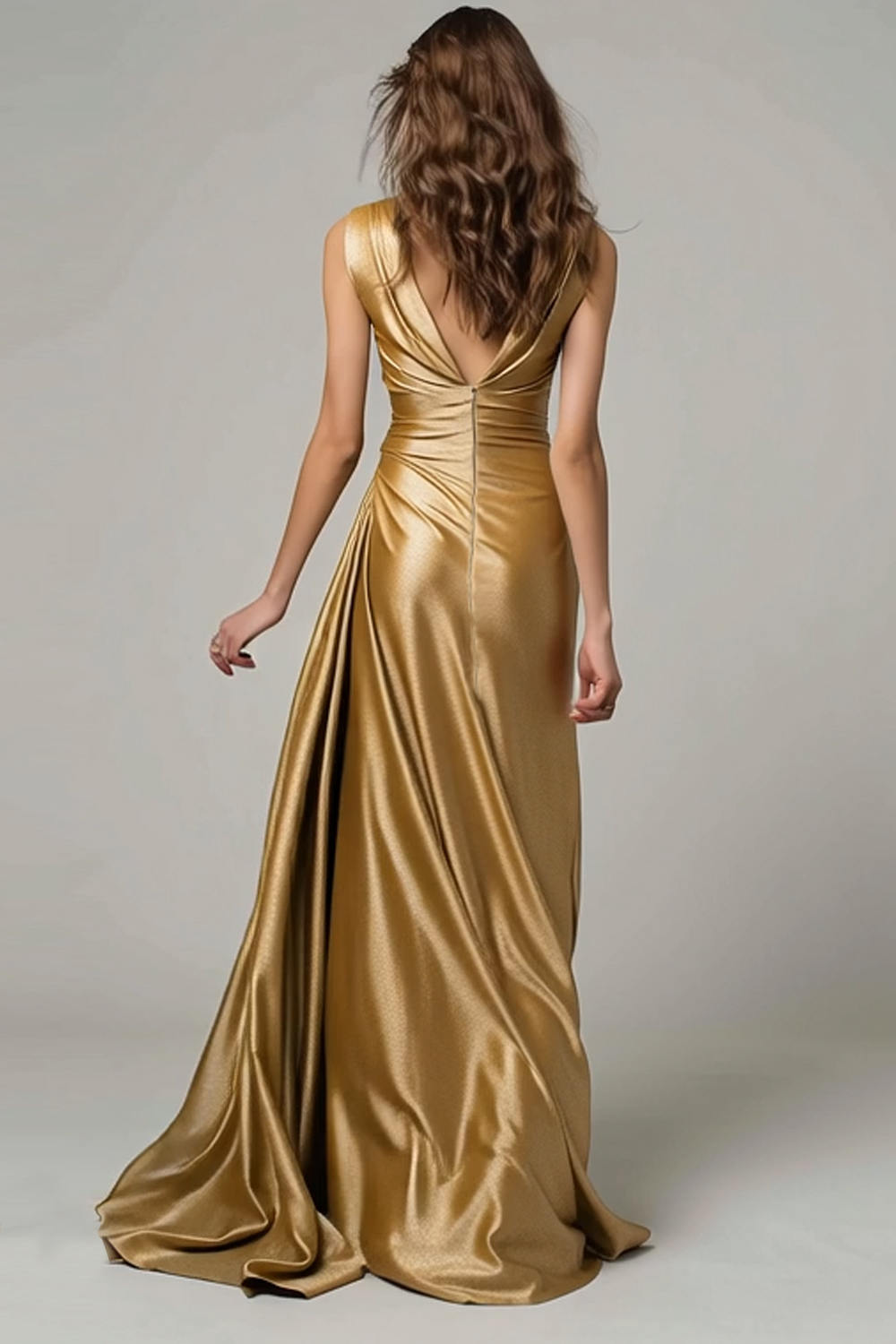 Elegant Gold V-Neck Ruched Mermaid Long Formal Dress