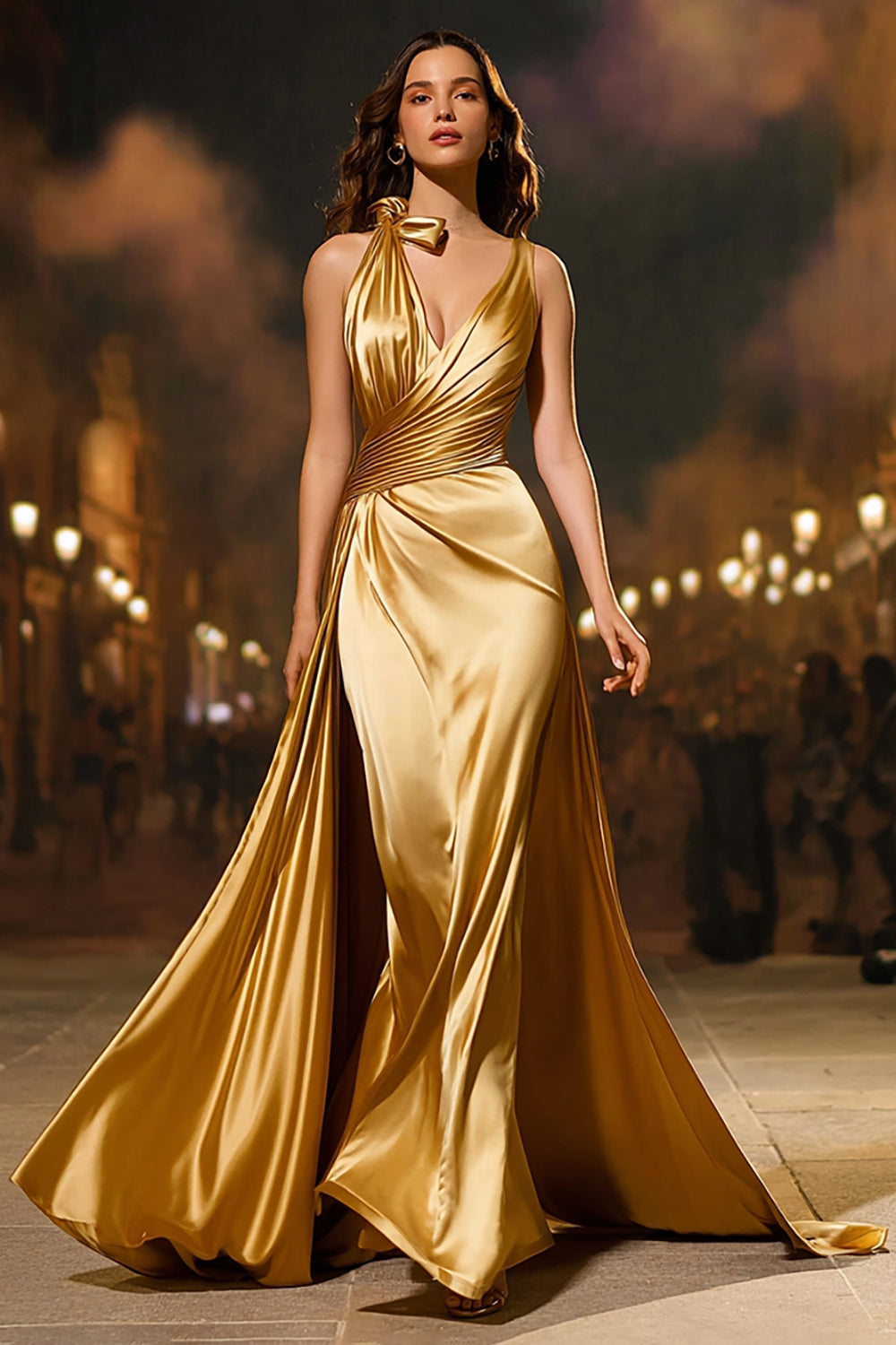 Gold Satin Mermaid V-Neck Ruched Long Formal Dress with Cape
