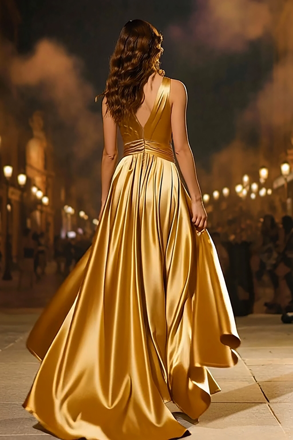 Gold Satin Mermaid V-Neck Ruched Long Formal Dress with Cape