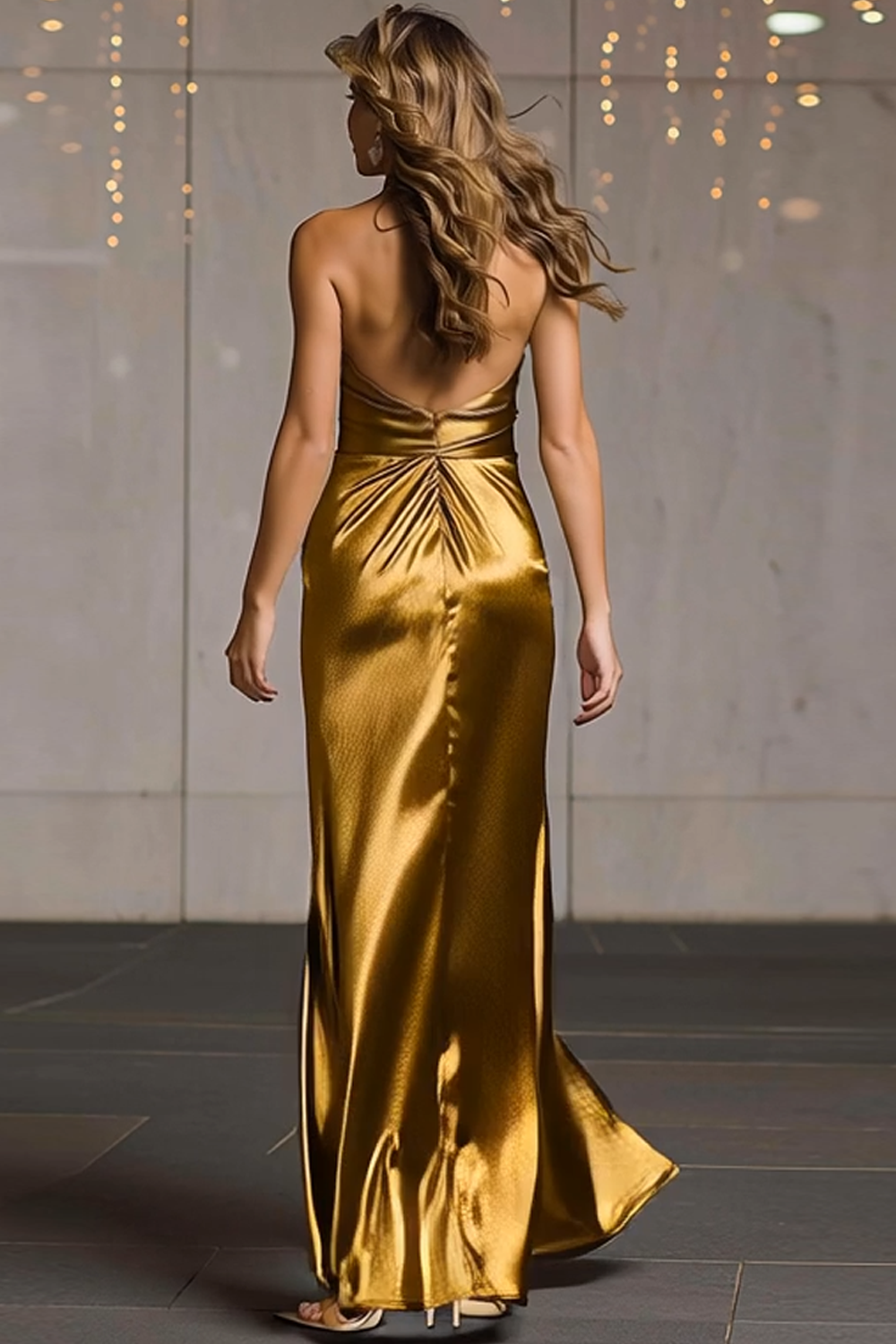 Sparkly Gold Metallic Mermaid Ruched Halter Long Formal Dress with Slit