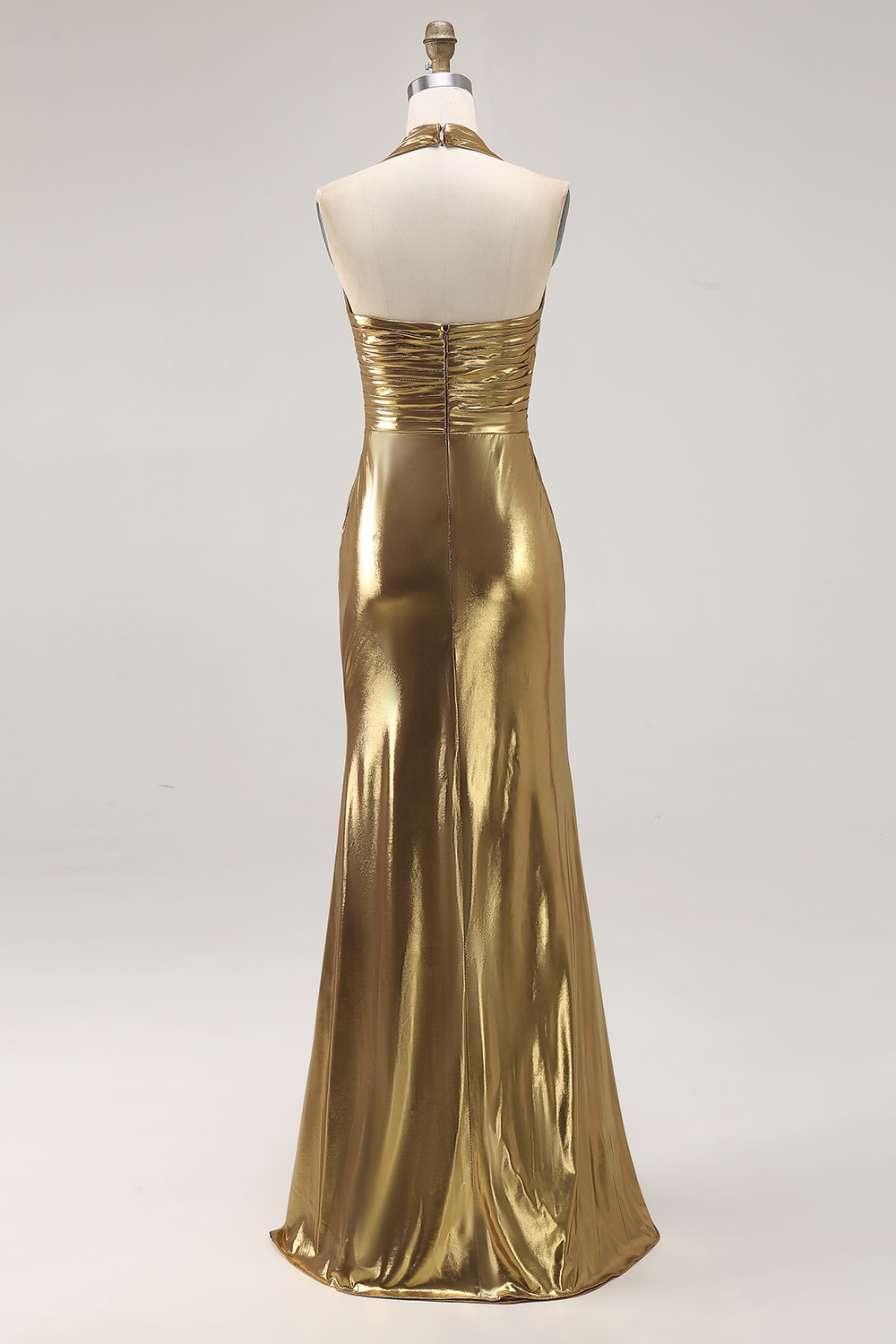 Sparkly Gold Metallic Sheath Halter Ruched Long Formal Dress with Slit