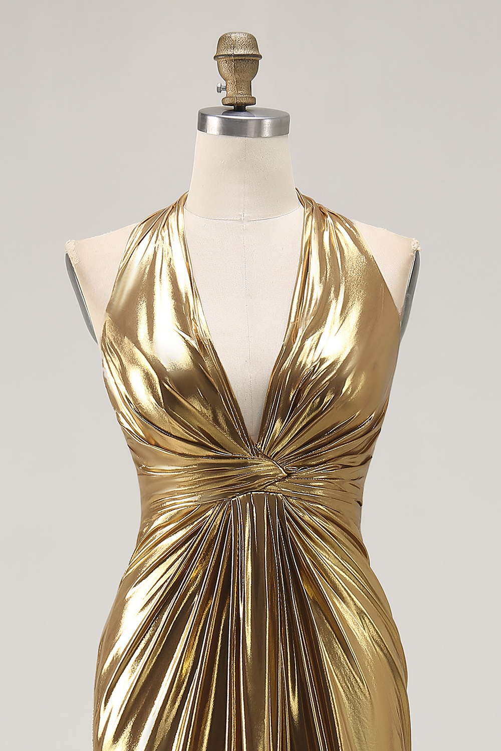Metallic Gold Halter Ruched Long Sheath Formal Dress with Slit