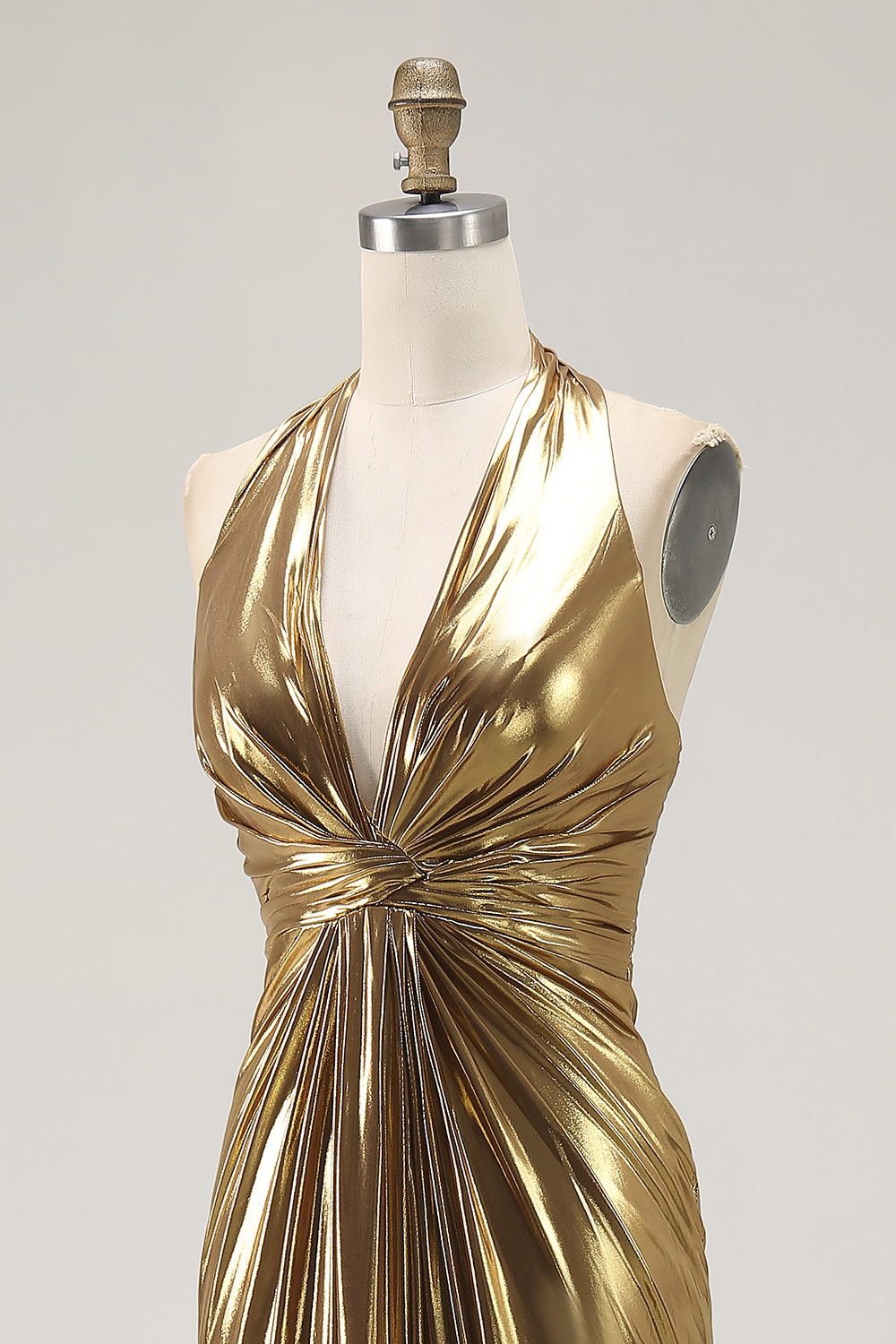 Metallic Gold Halter Ruched Long Sheath Formal Dress with Slit