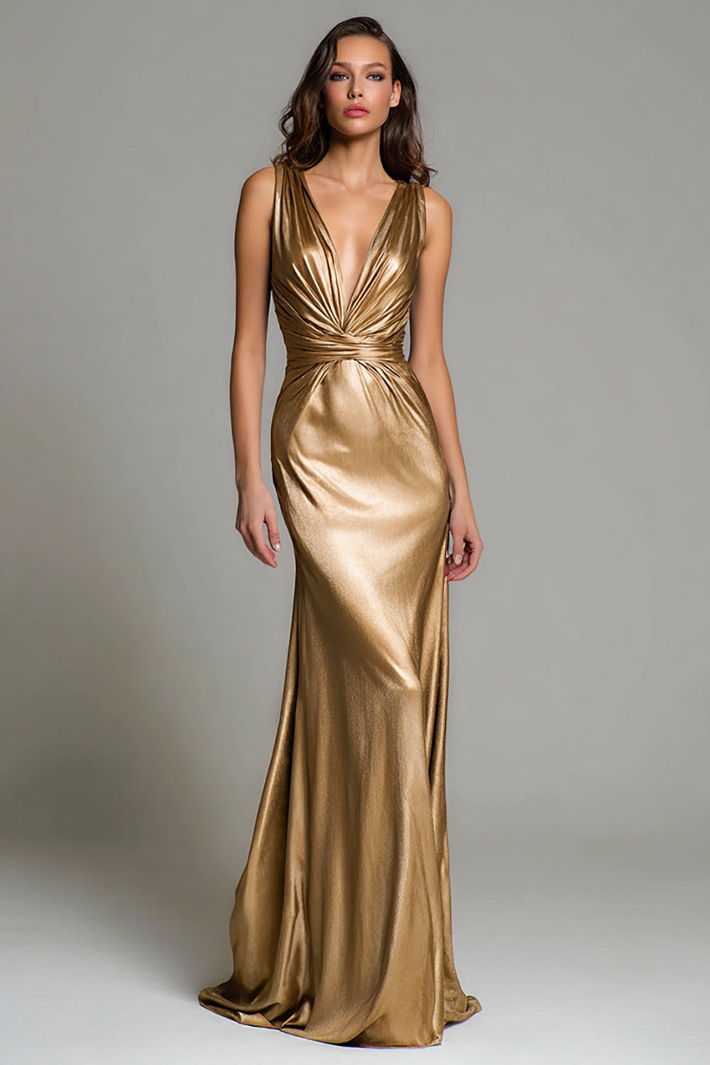 Sparkly Gold Mermaid Metallic Deep V-Neck Ruched Long Formal Dress