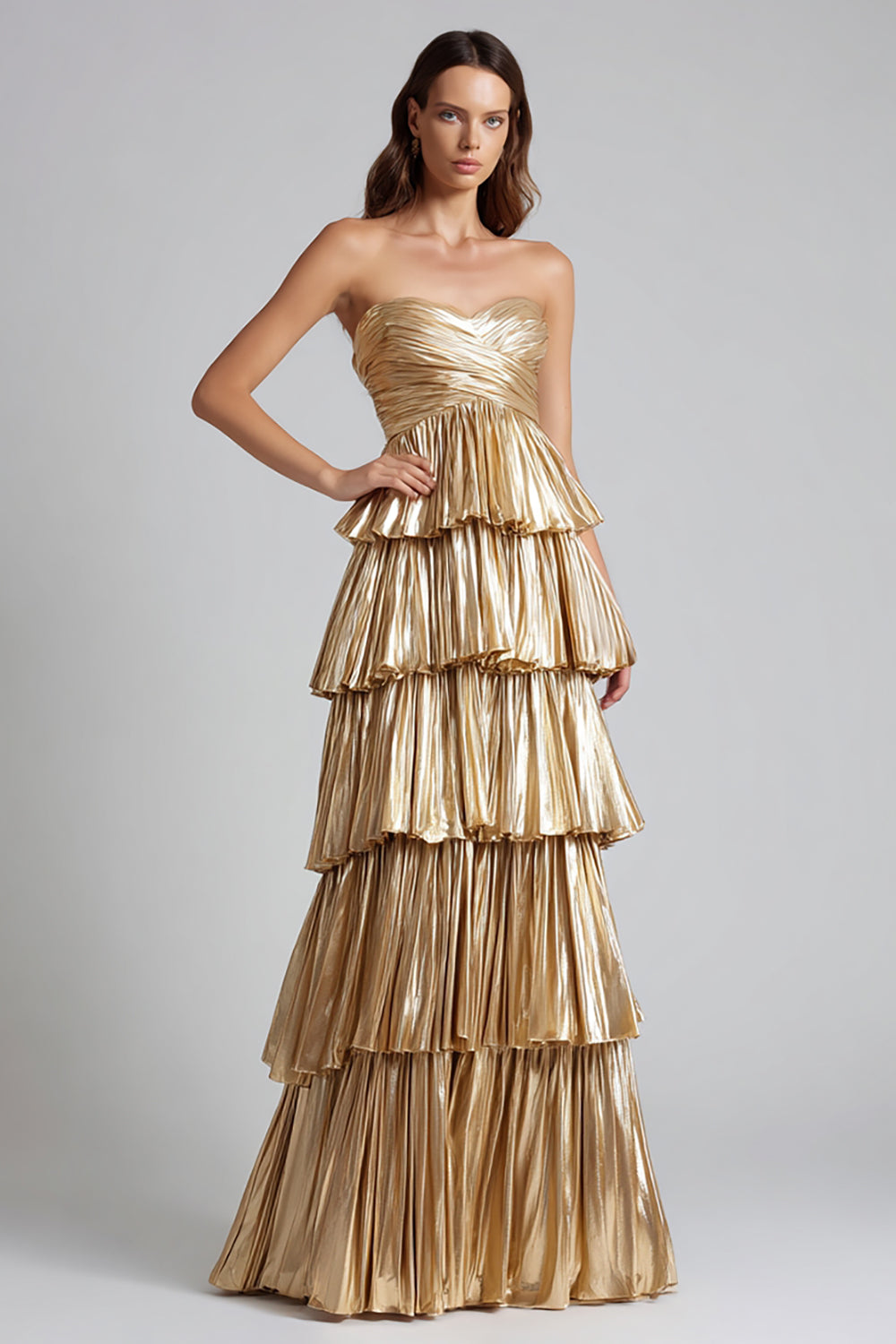 Sparkly Gold Metallic Sweetheart Pleated Tiered Long Formal Dress