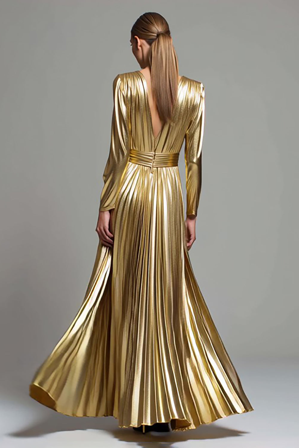 Sparkly Gold Metallic Pleated V-Neck A-Line Long Sleeves Formal Dress