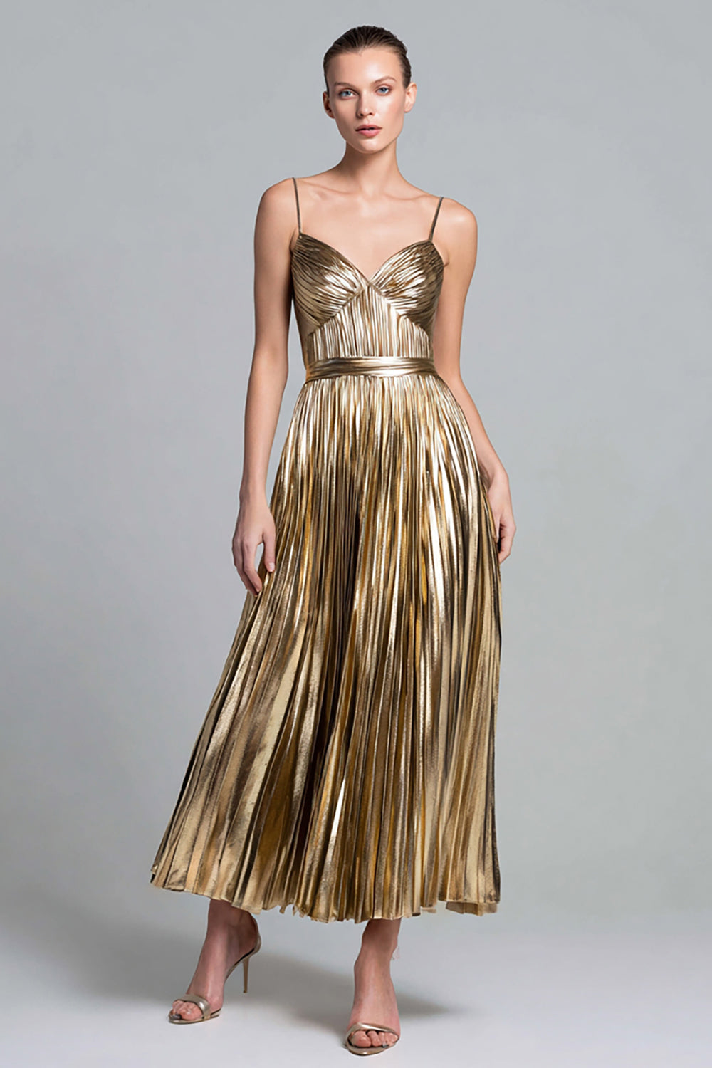 Sparkly Gold Spaghetti Straps A-Line Metallic Pleated Long Formal Dress
