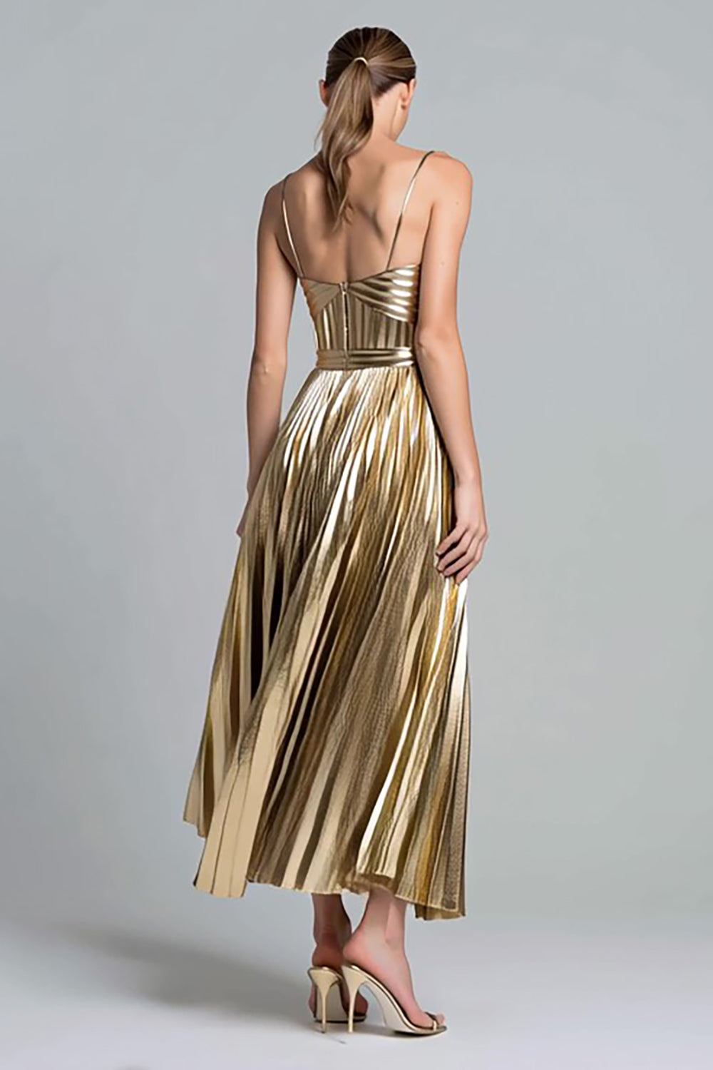 Sparkly Gold Spaghetti Straps A-Line Metallic Pleated Long Formal Dress