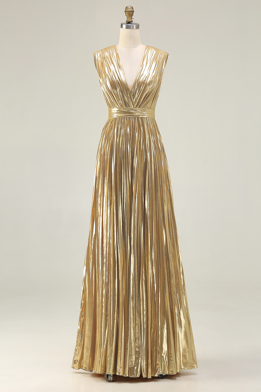 Sparkly Gold A-Line Deep V-Neck Metallic Pleated Long Formal Dress