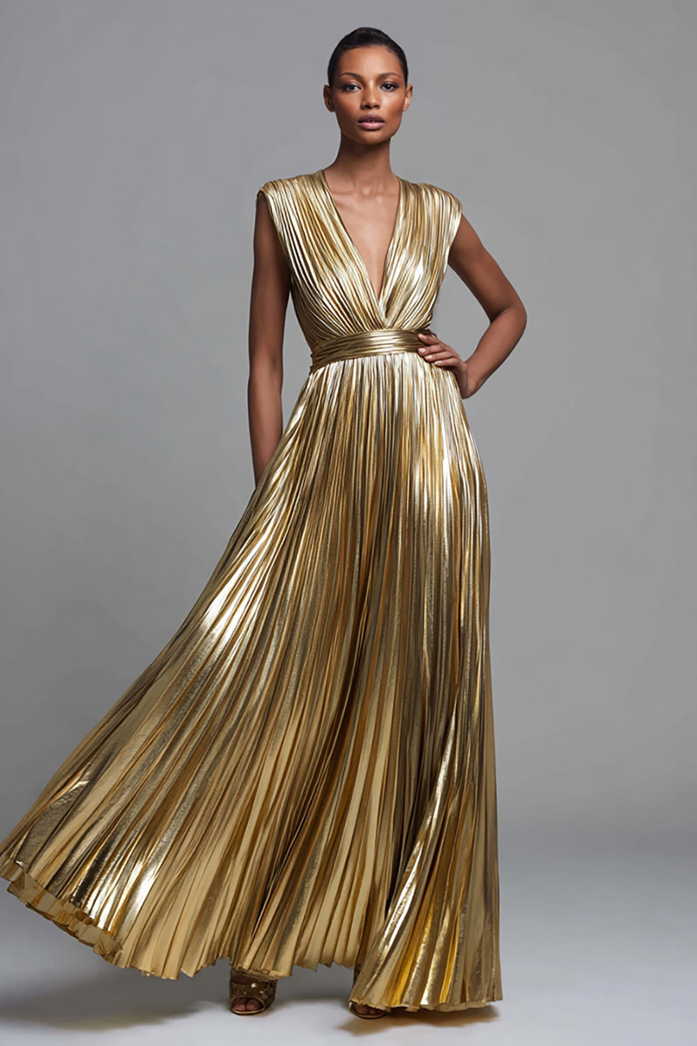 Sparkly Gold A-Line Deep V-Neck Metallic Pleated Long Formal Dress