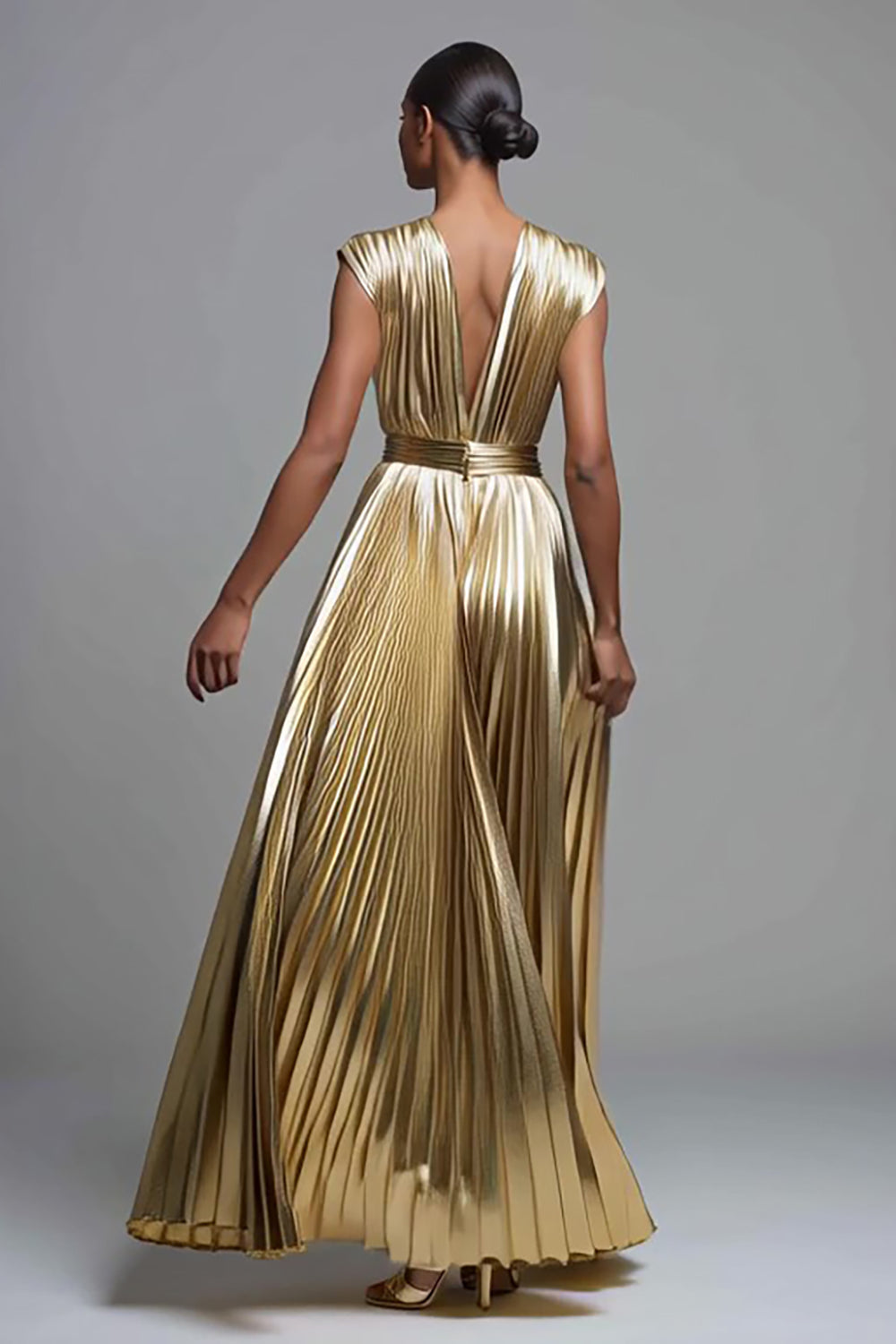 Sparkly Gold A-Line Deep V-Neck Metallic Pleated Long Formal Dress