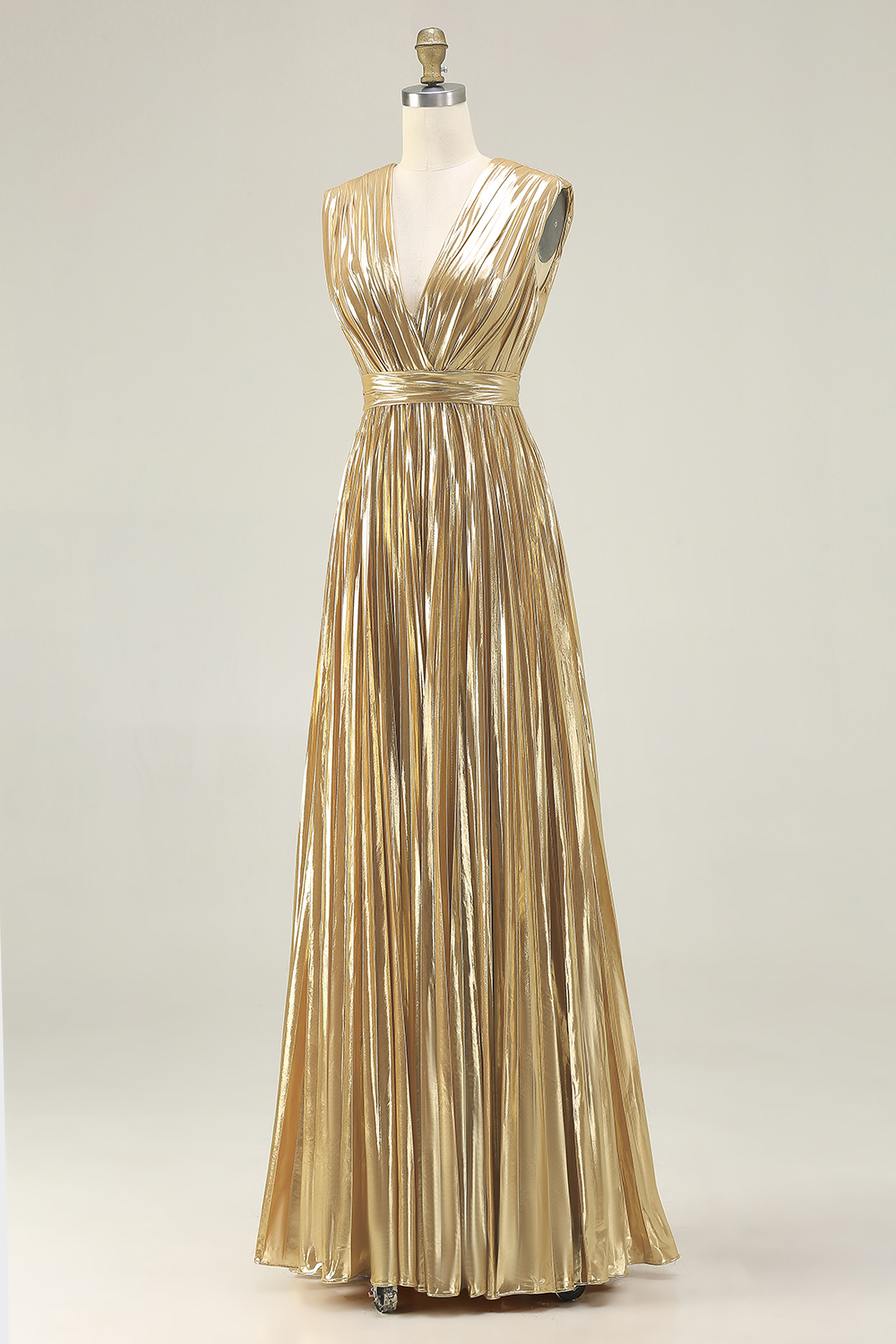 Sparkly Gold A-Line Deep V-Neck Metallic Pleated Long Formal Dress