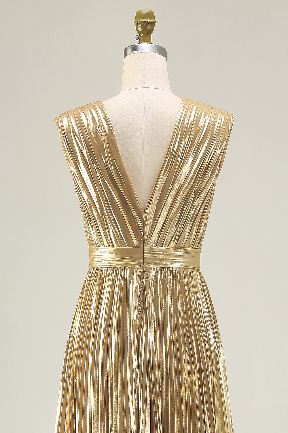 Sparkly Gold A-Line Deep V-Neck Metallic Pleated Long Formal Dress