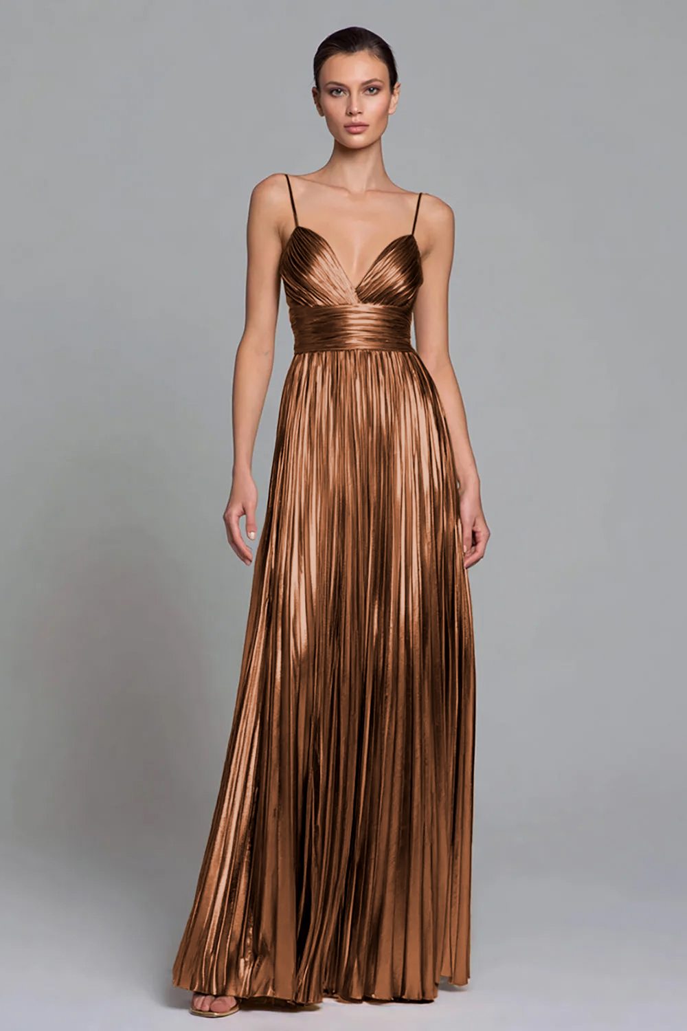 Sparkly Brown A-Line Metallic Pleated Spaghetti Straps Long Formal Dress