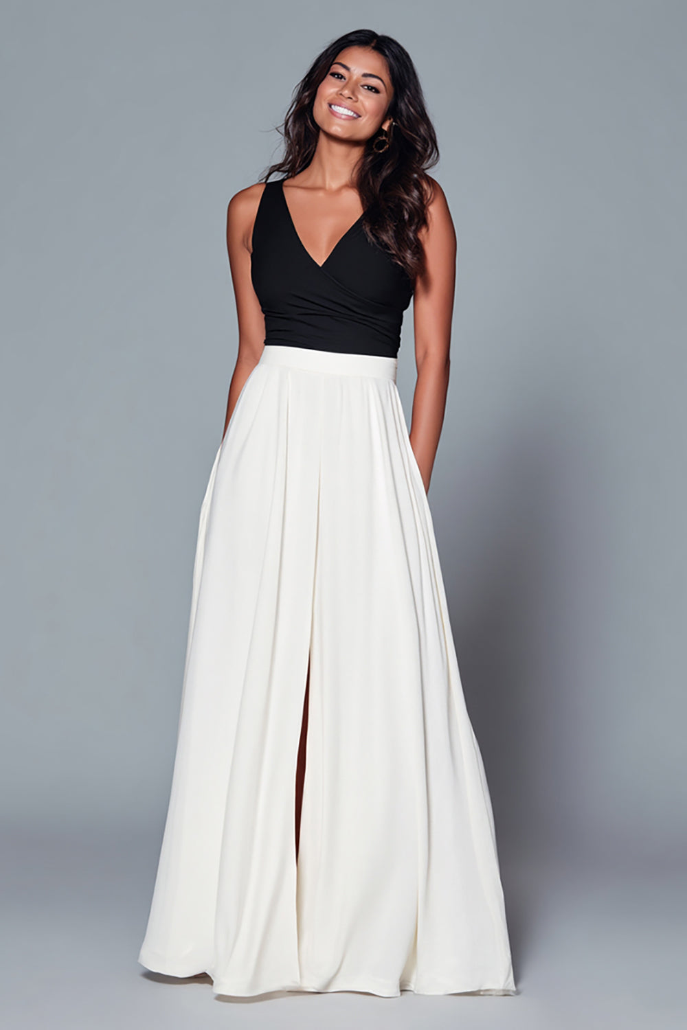 Simple Black and White A Line V-Neck Long Formal Dress with Slit