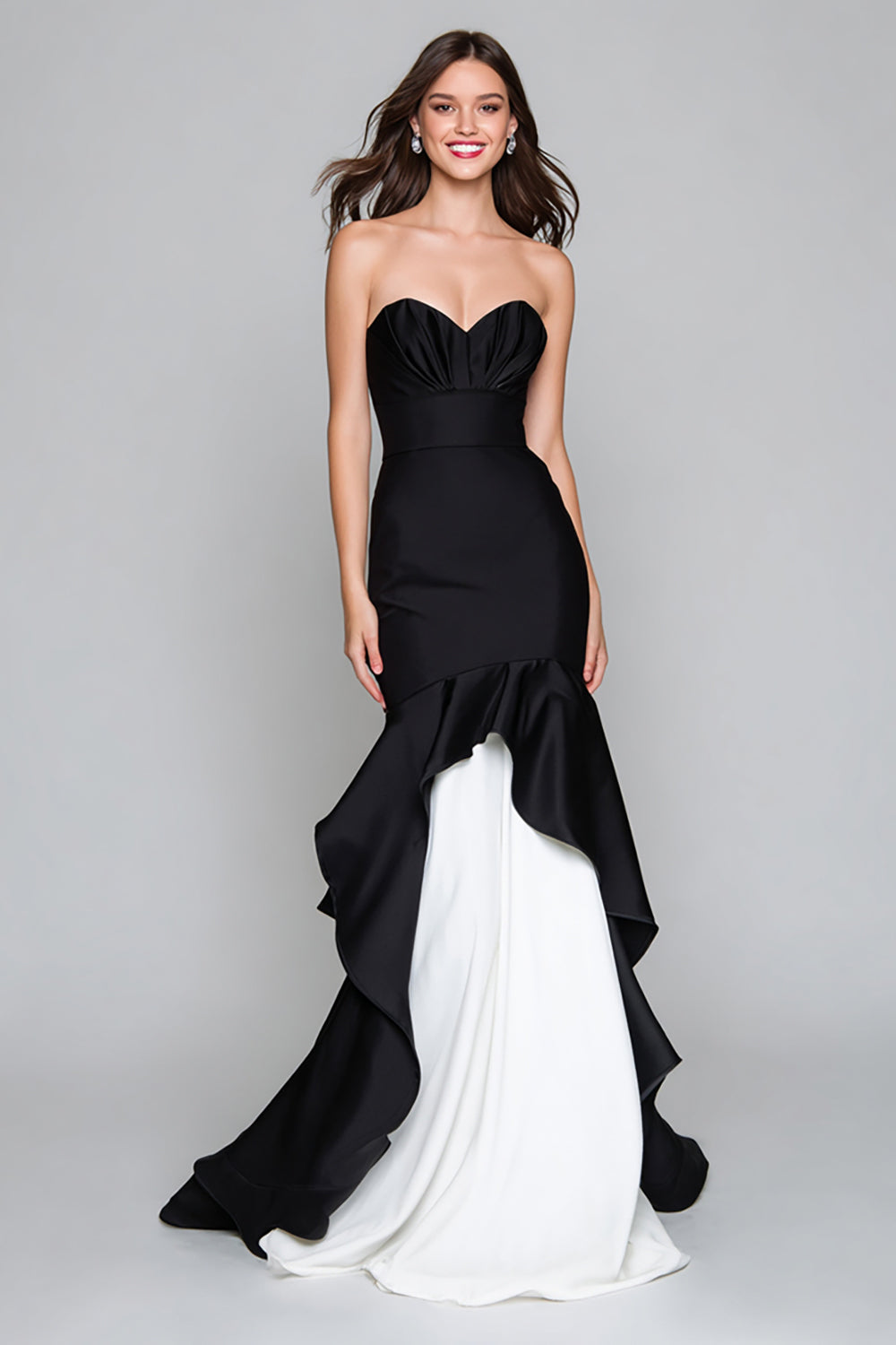 Black and White Mermaid Strapless Long Formal Dress with Ruffles
