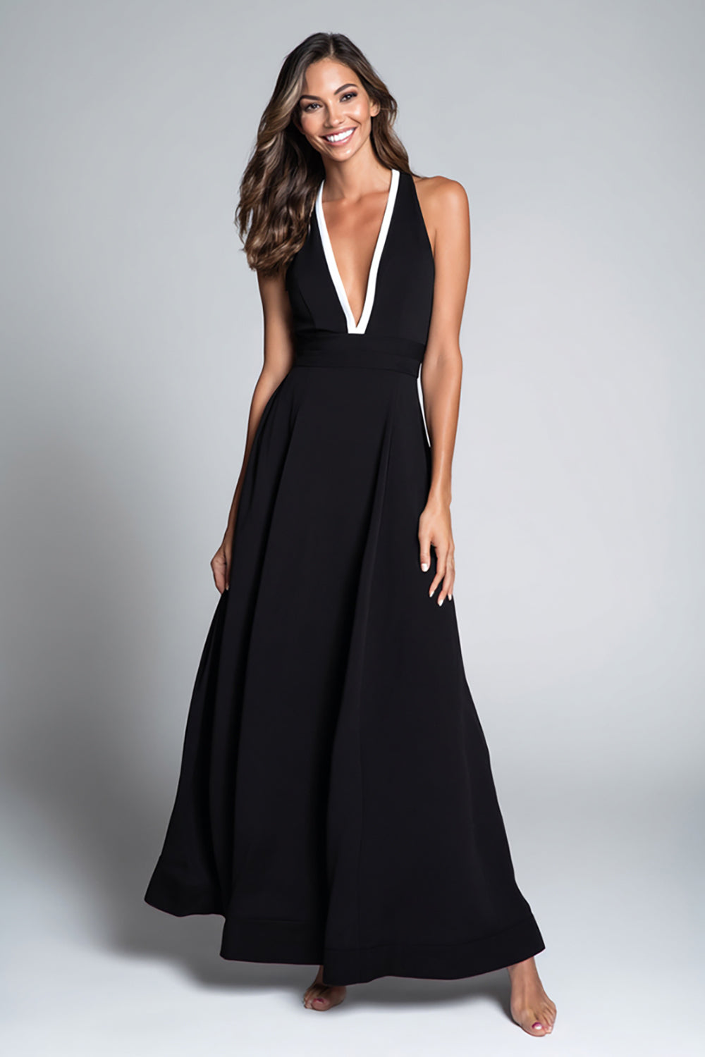 Black and White A Line V-Neck Long Formal Dress