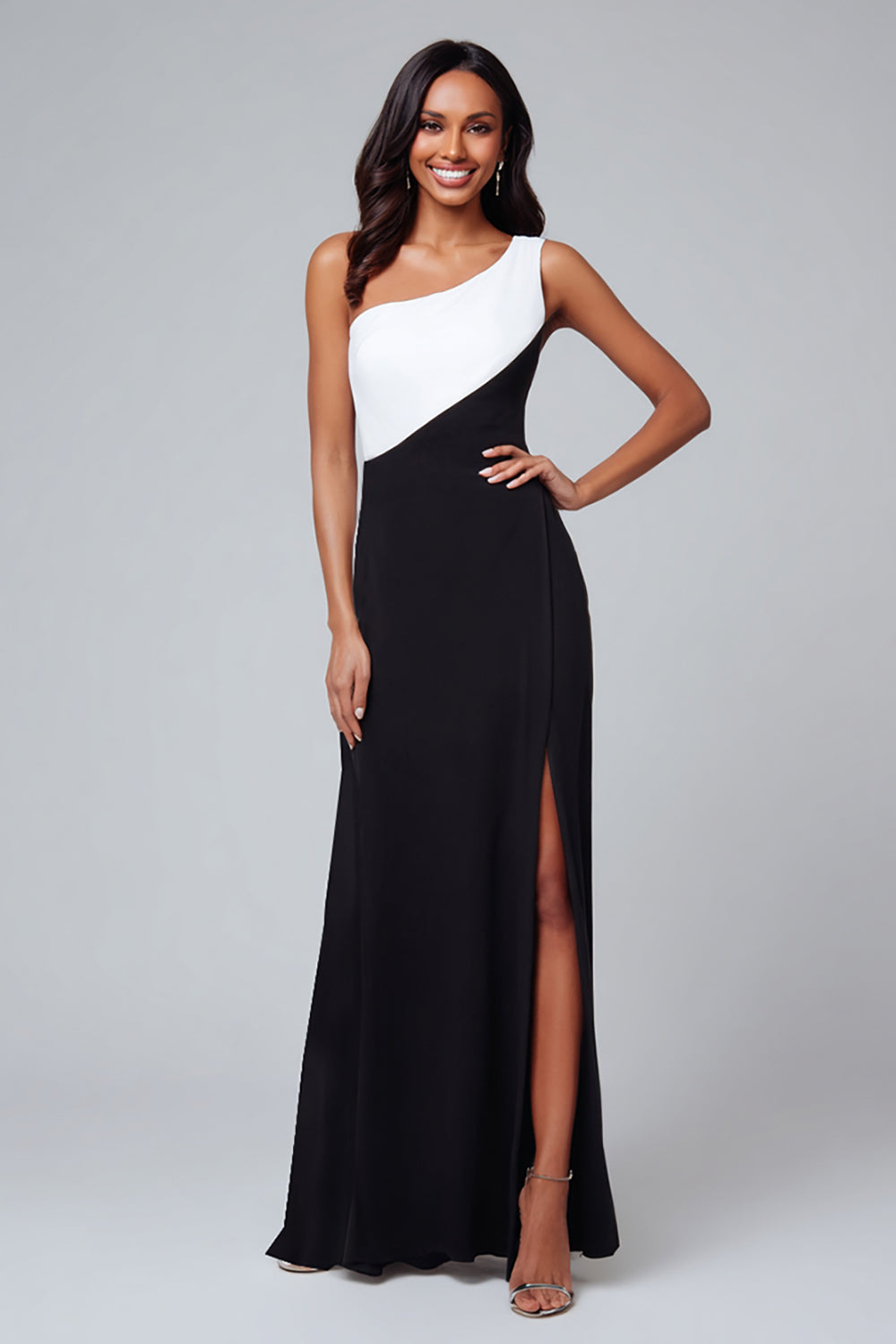 Black and White One Shoulder Patchwork Long Formal Dress with Slit