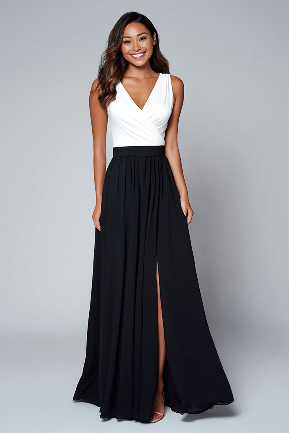 Black and White V-Neck Long A Line Formal Dress with Slit