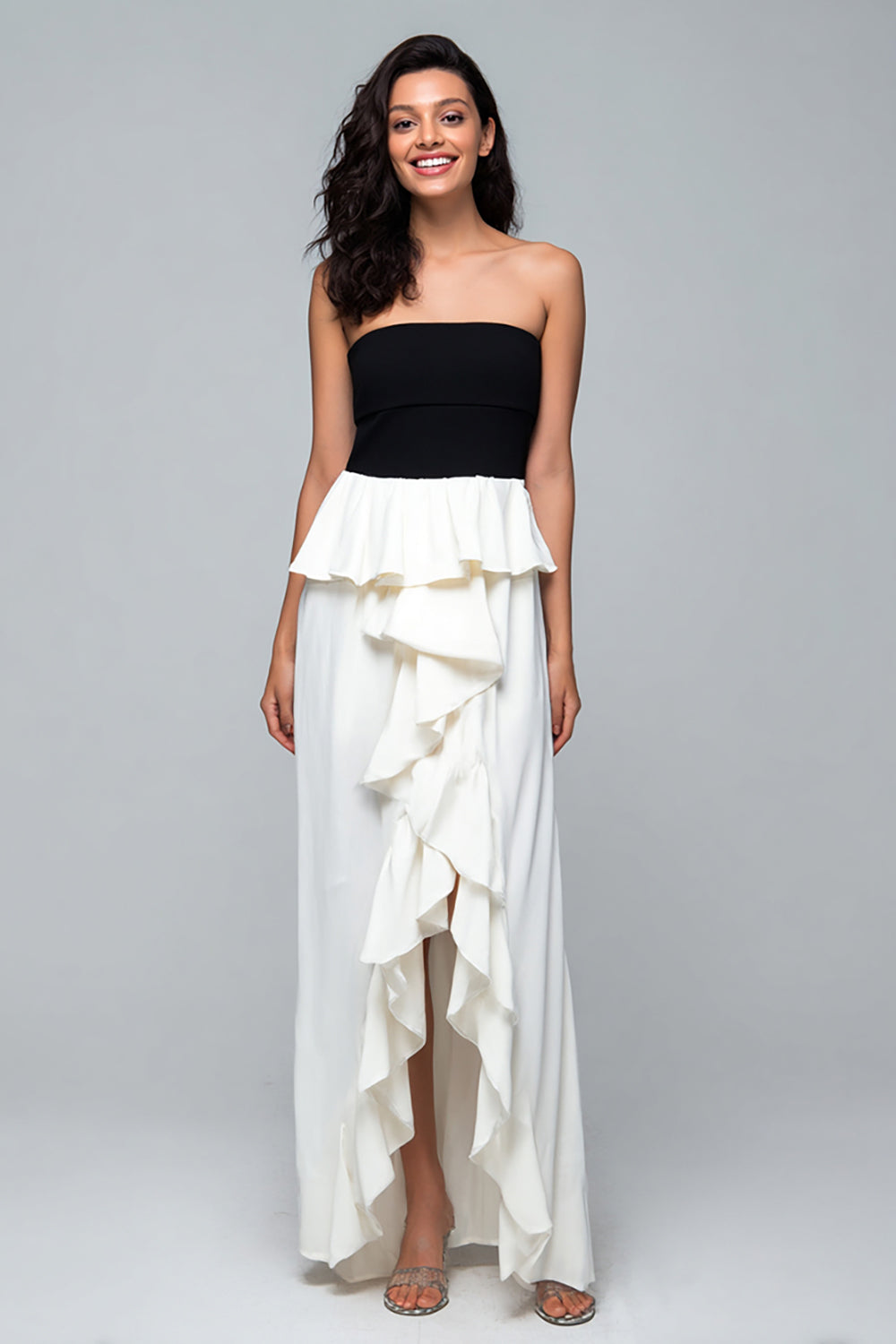 Black and White Strapless Sheath High-Low Formal Dress with Ruffles