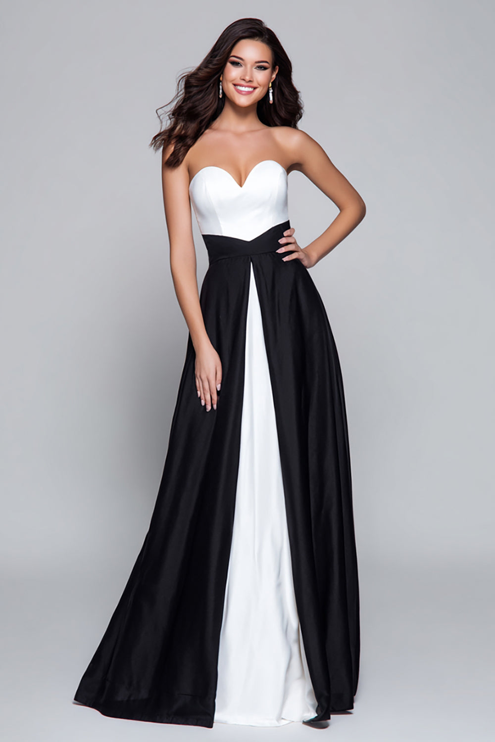 Black and White Patchwork Strapless A Line Long Formal Dress