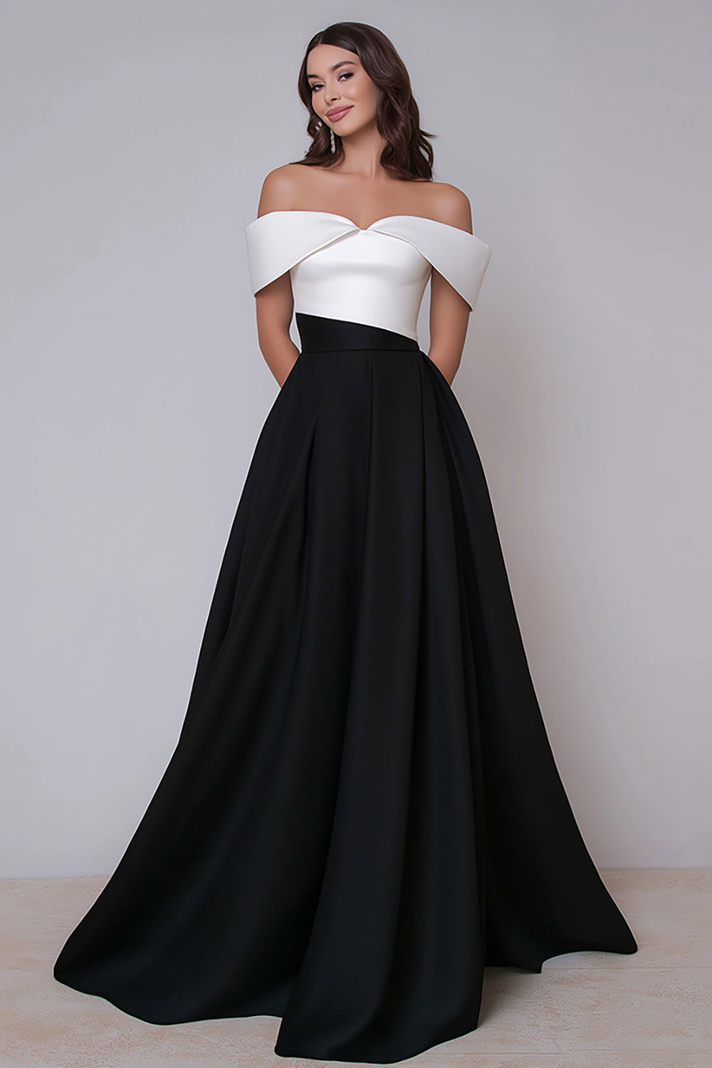 Black and White A Line Satin Off the Shoulder Long Formal Dress