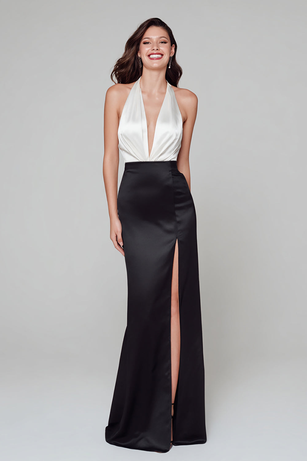 Elegant Black and White Halter Long Satin Formal Dress with Slit