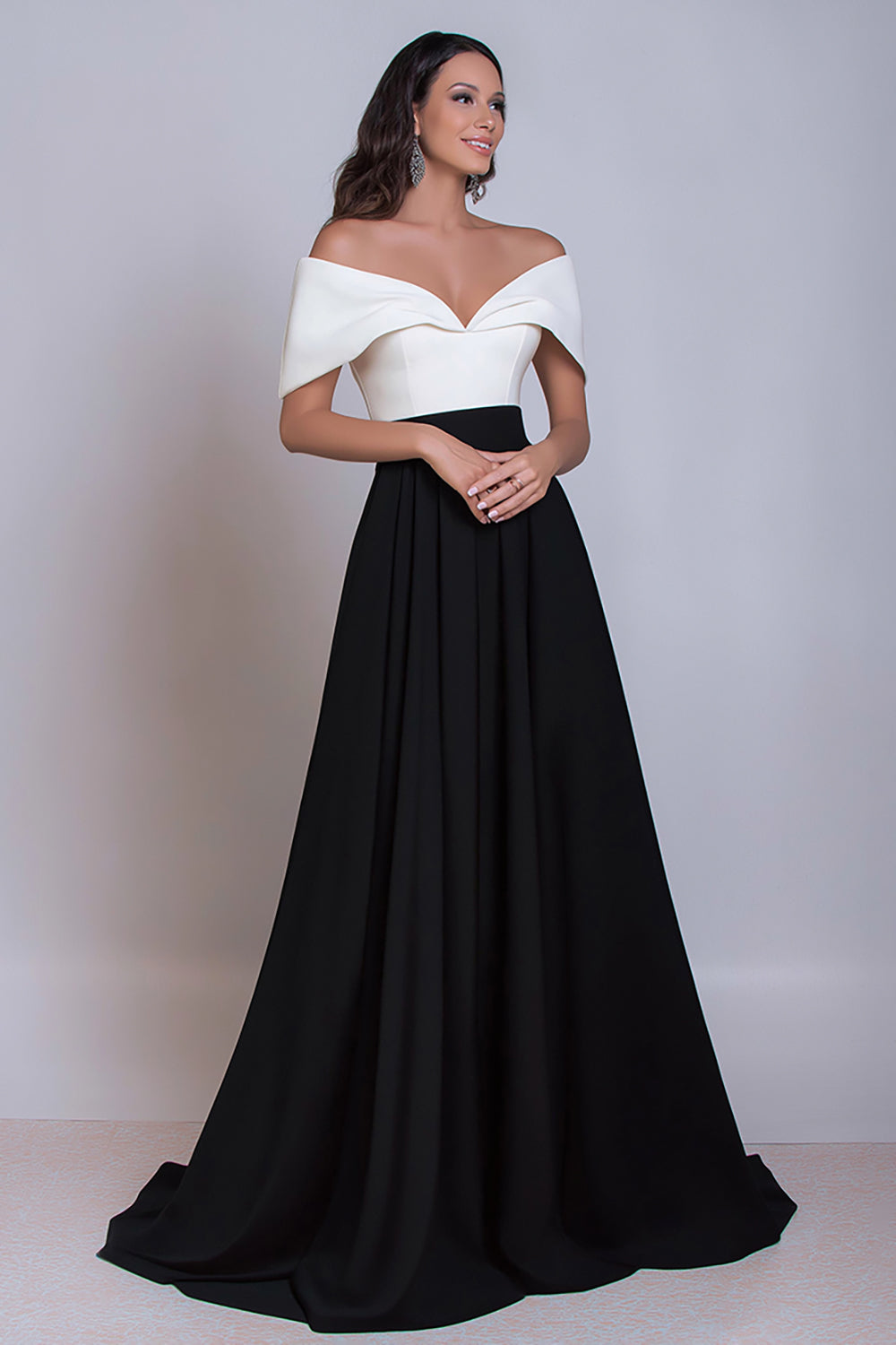 Elegant Black and White Satin Off the Shoulder Long Formal Dress