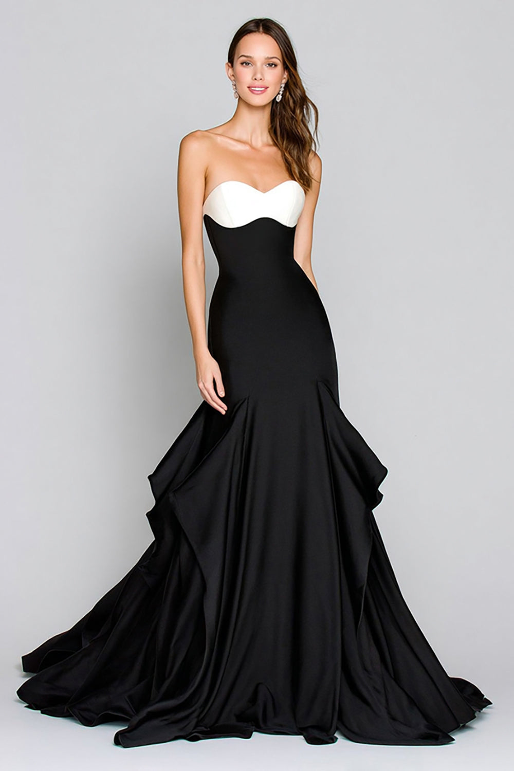 Black and White Mermaid Strapless Long Satin Formal Dress