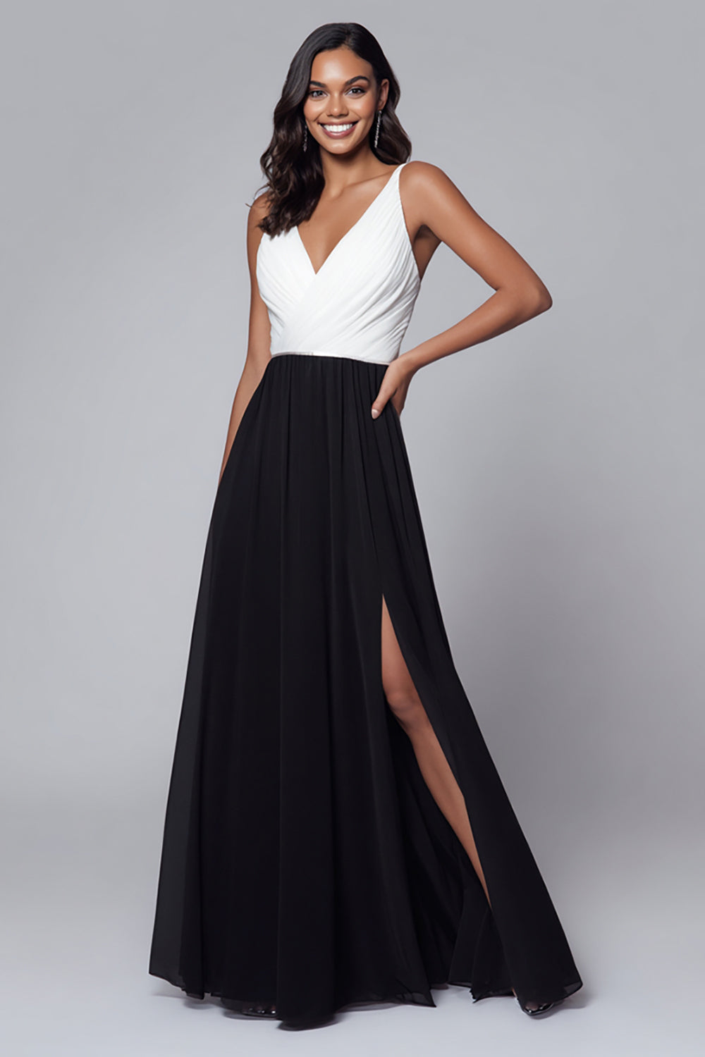 Black and White A Line V-Neck Long Ruched Formal Dress with Slit