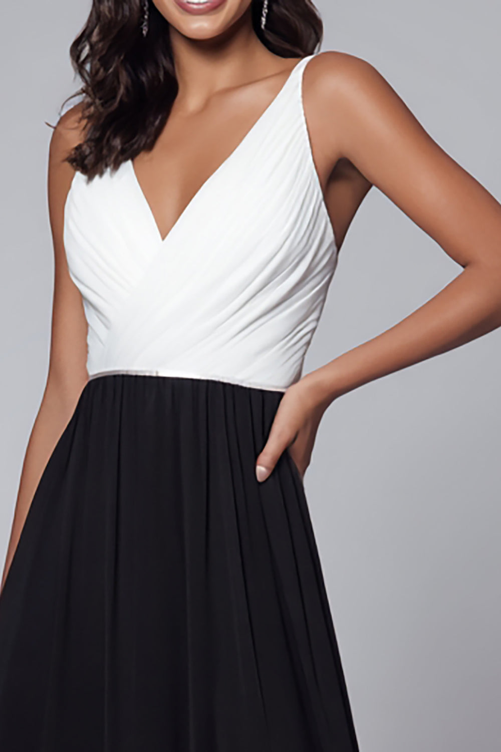 Black and White A Line V-Neck Long Ruched Formal Dress with Slit