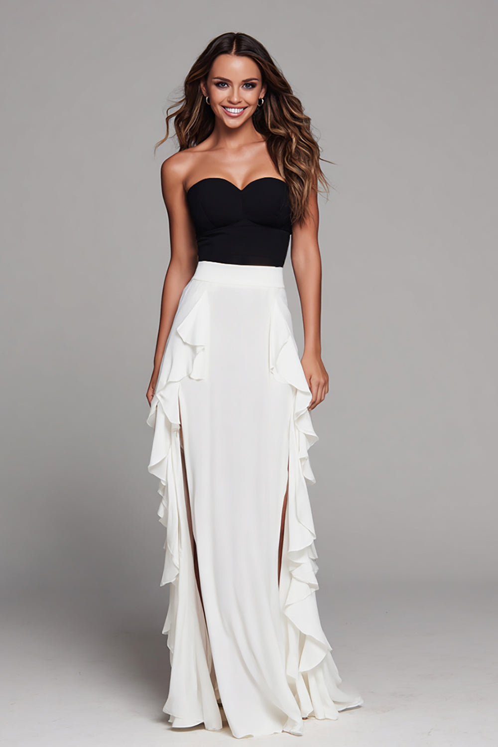 Black and White Sweetheart Long Sheath Formal Dress with Ruffles