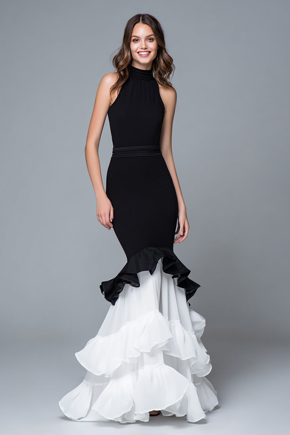 Elegant Black and White Mermaid High Neck Long Formal Dress with Ruffles