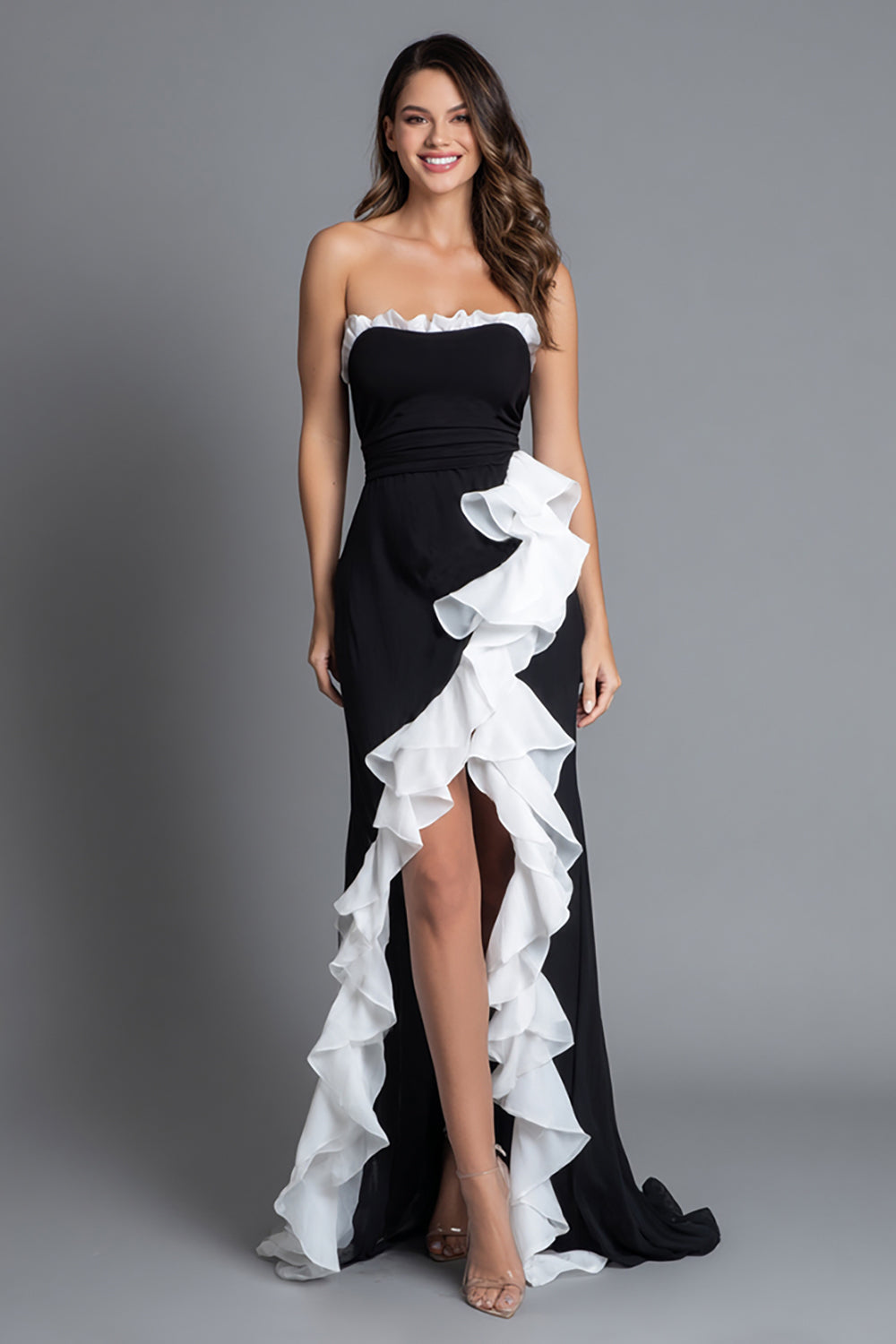 Black and White Sheath Strapless Ruffled Long Formal Dress with Slit