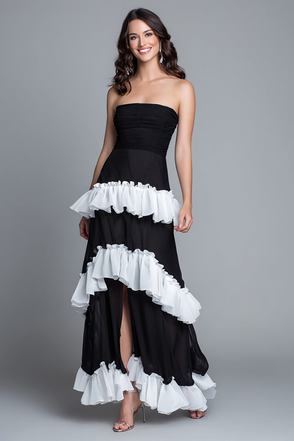 Black and White Sheath Ruffled Long Strapless Formal Dress with Slit
