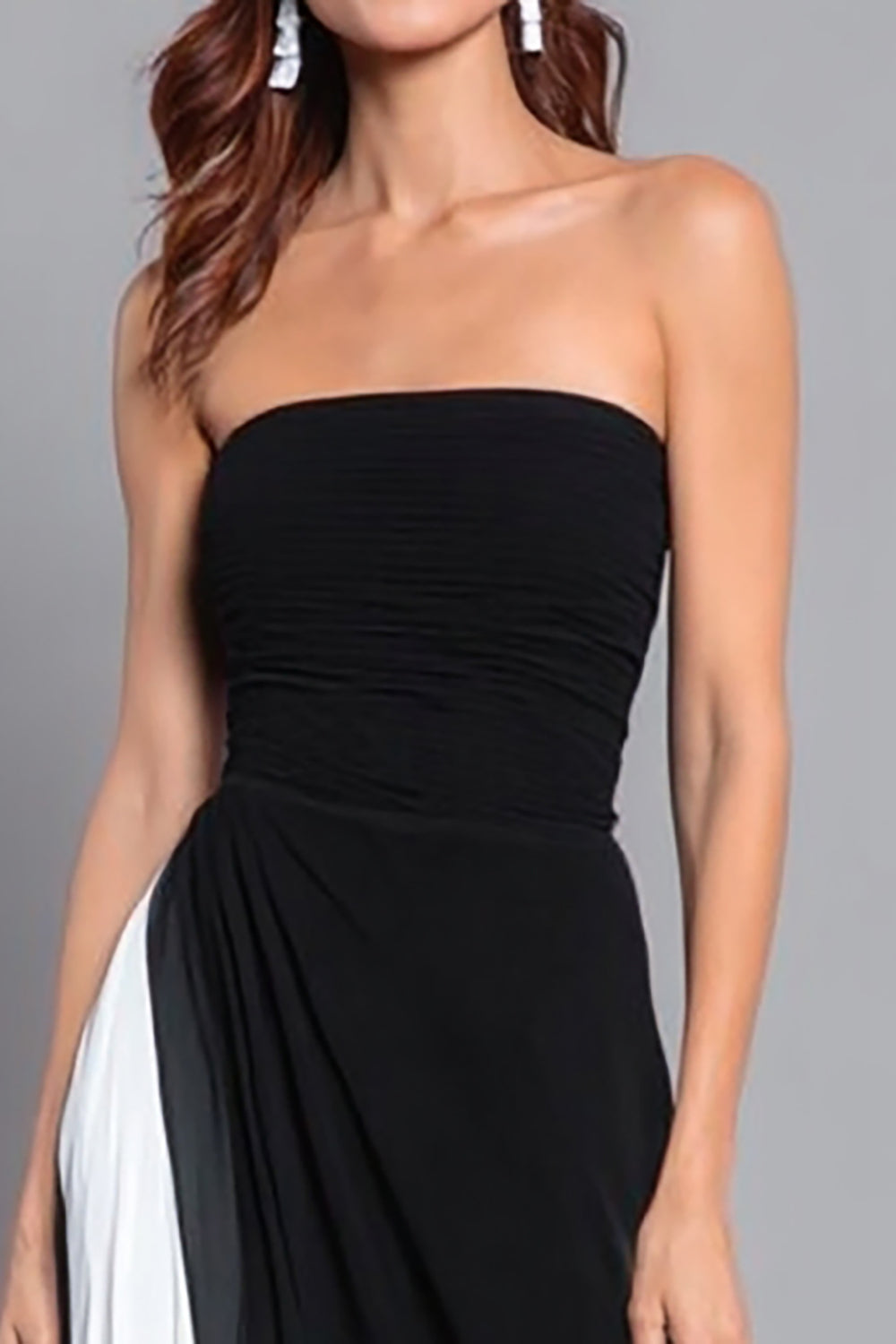 Black and White Strapless Ruched Long Sheath Formal Dress