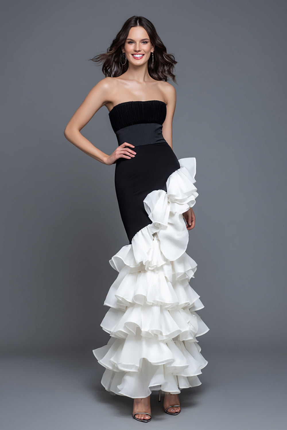 Black and White Tiered Sheath Strapless Long Formal Dress