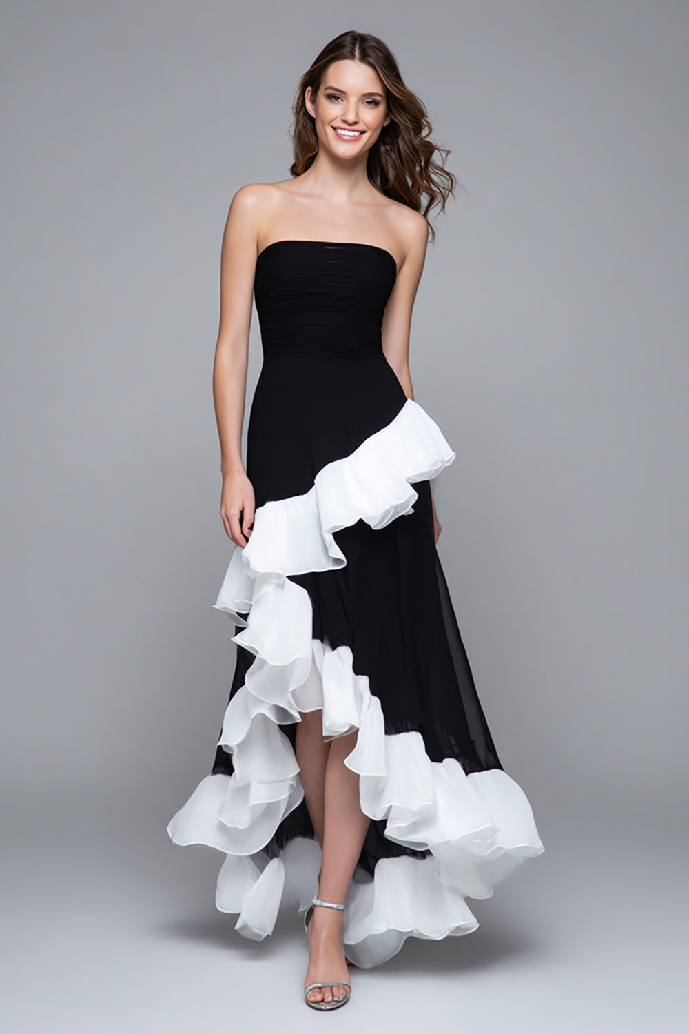 Black and White Sheath Strapless Long Ruffled Formal Dress