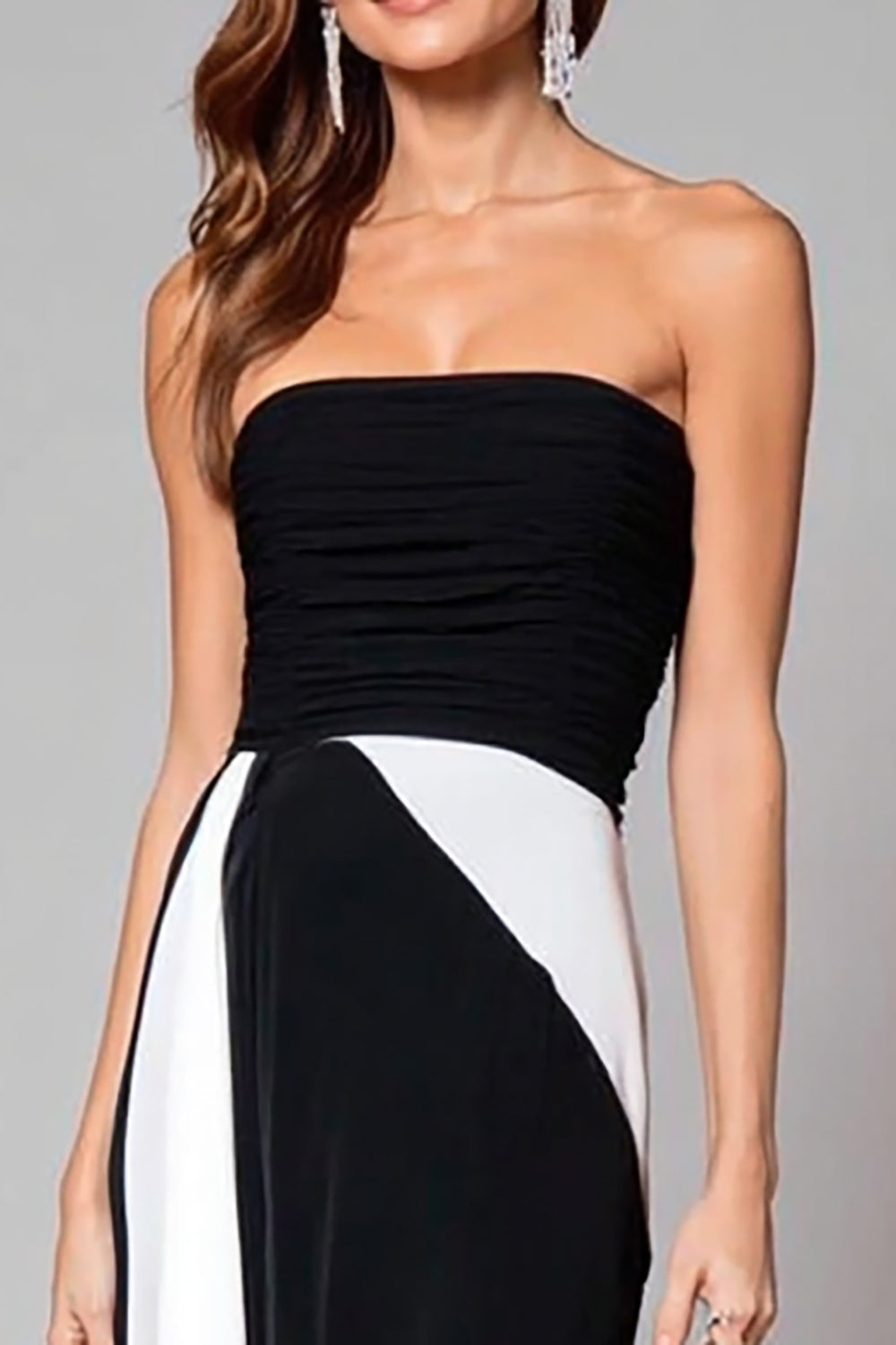 Black and White Ruched Sheath Strapless Long Formal Dress