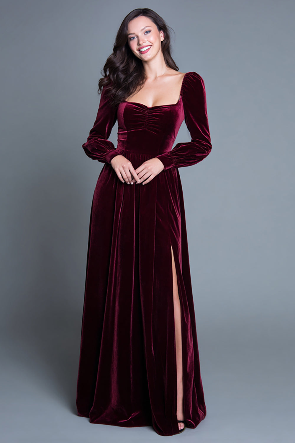 Burgundy A-Line Velvet Long Sleeves Holiday Party Dress with Slit