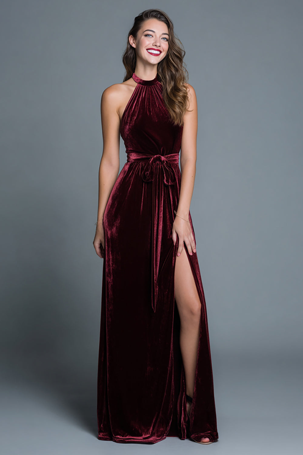 Burgundy A-Line Halter Long Velvet Holiday Party Dress with Slit