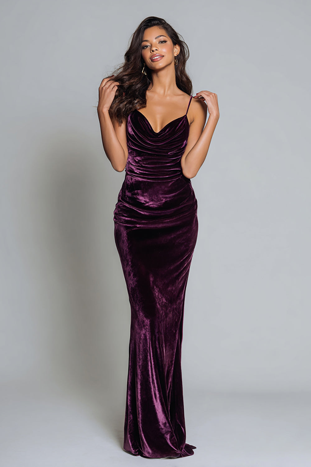 Elegant Plum Mermaid Spaghetti Straps Velvet Long Holiday Party Dress