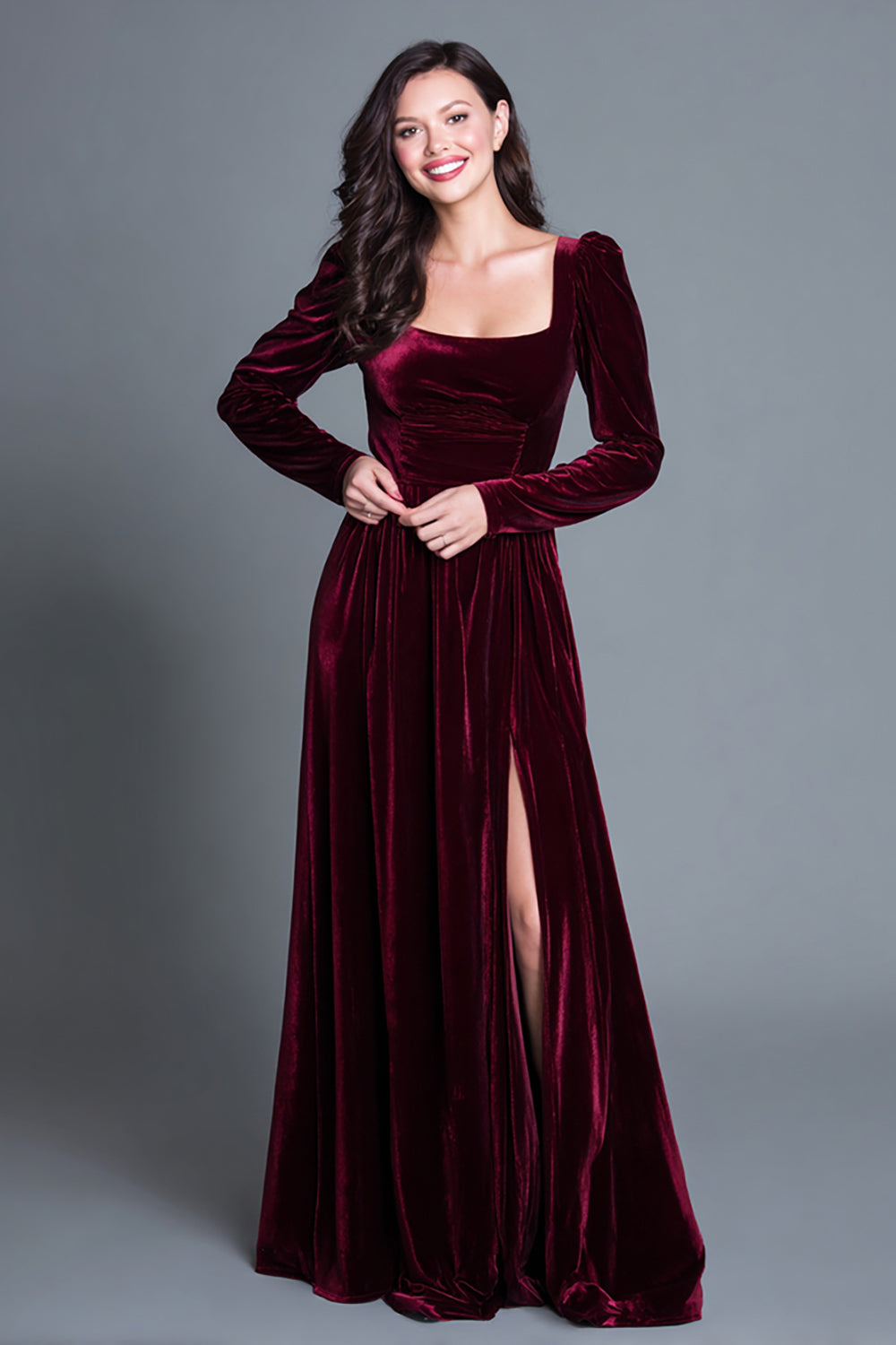 Burgundy A-Line Velvet Long Sleeves Holiday Party Dress with Slit