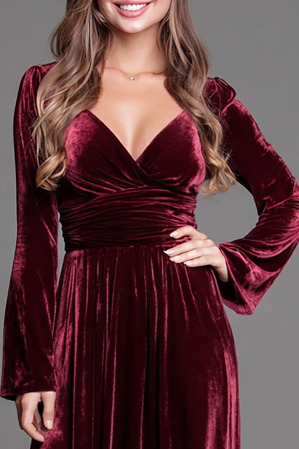 Burgundy A-Line V-Neck Long Velvet Holiday Party Dress with Sleeves