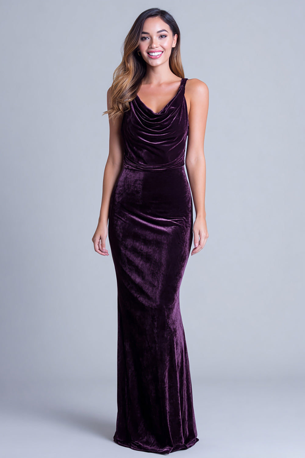 Plum Cowl Neck Velvet Long Mermaid Holiday Party Dress