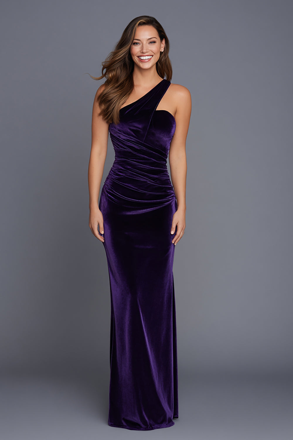 Plum One Shoulder Mermaid Ruched Long Velvet Holiday Party Dress